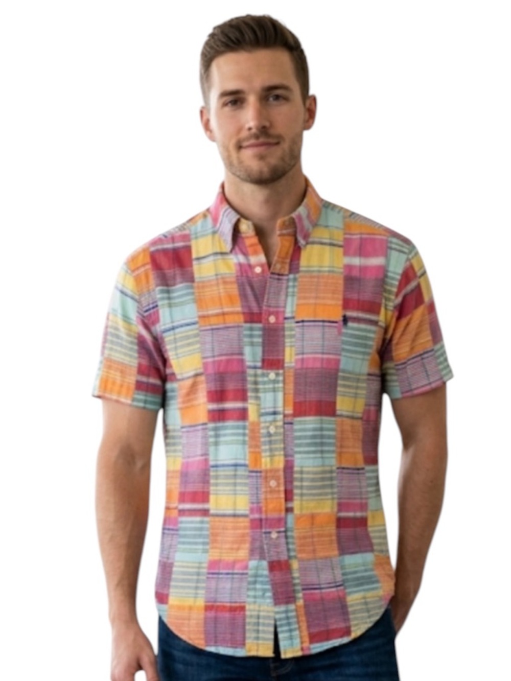 Vtg Ralph Lauren Patchwork Madras Plaid 90s Short Sleeve Button Down Men M
R